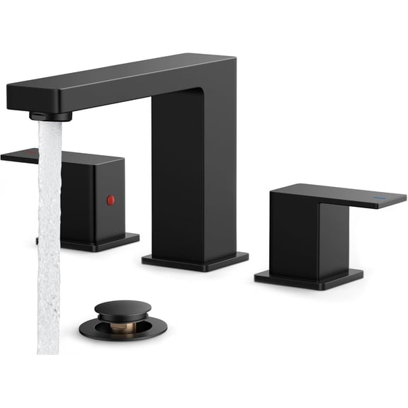 Zovajonia Matte Black Bathroom Sink Faucet 8 Inch Widespread, 2 Handle for Restroom Sink with Pop Up Drain and Supply Hoses, Vanity 3 Holes