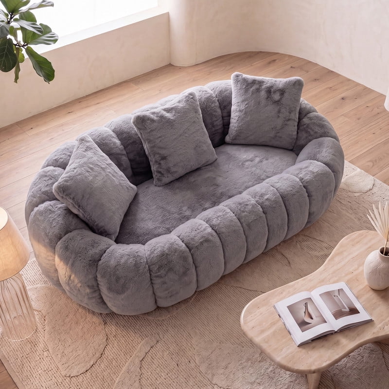 Vacuum Compression Oversized Loveseat with 3 Throw Pillows, Velvet Upholstered Sofa, No Assembly Boneless Floor Couch
