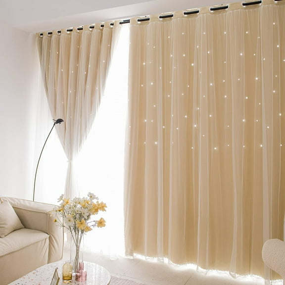 Bailu 2 Panels Stars Blackout Curtains for Bedroom Girls Kids Baby Window Curtain Double Layer Star Cut Out Aesthetic Living Room Decor Wall Home Decorations Curtain,W52 x L72 Inches,Beige