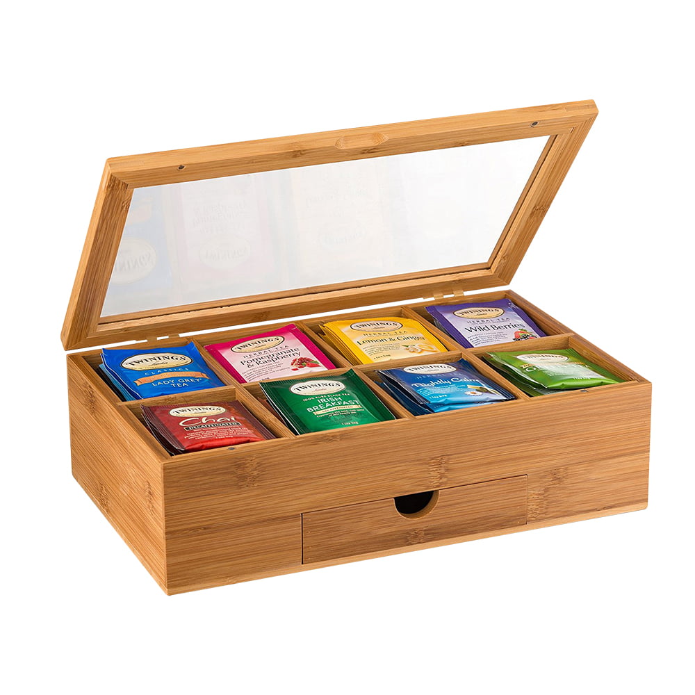 Bamboo Tea Box Wooden Tea Chest With 8 Dividers And Drawer 
