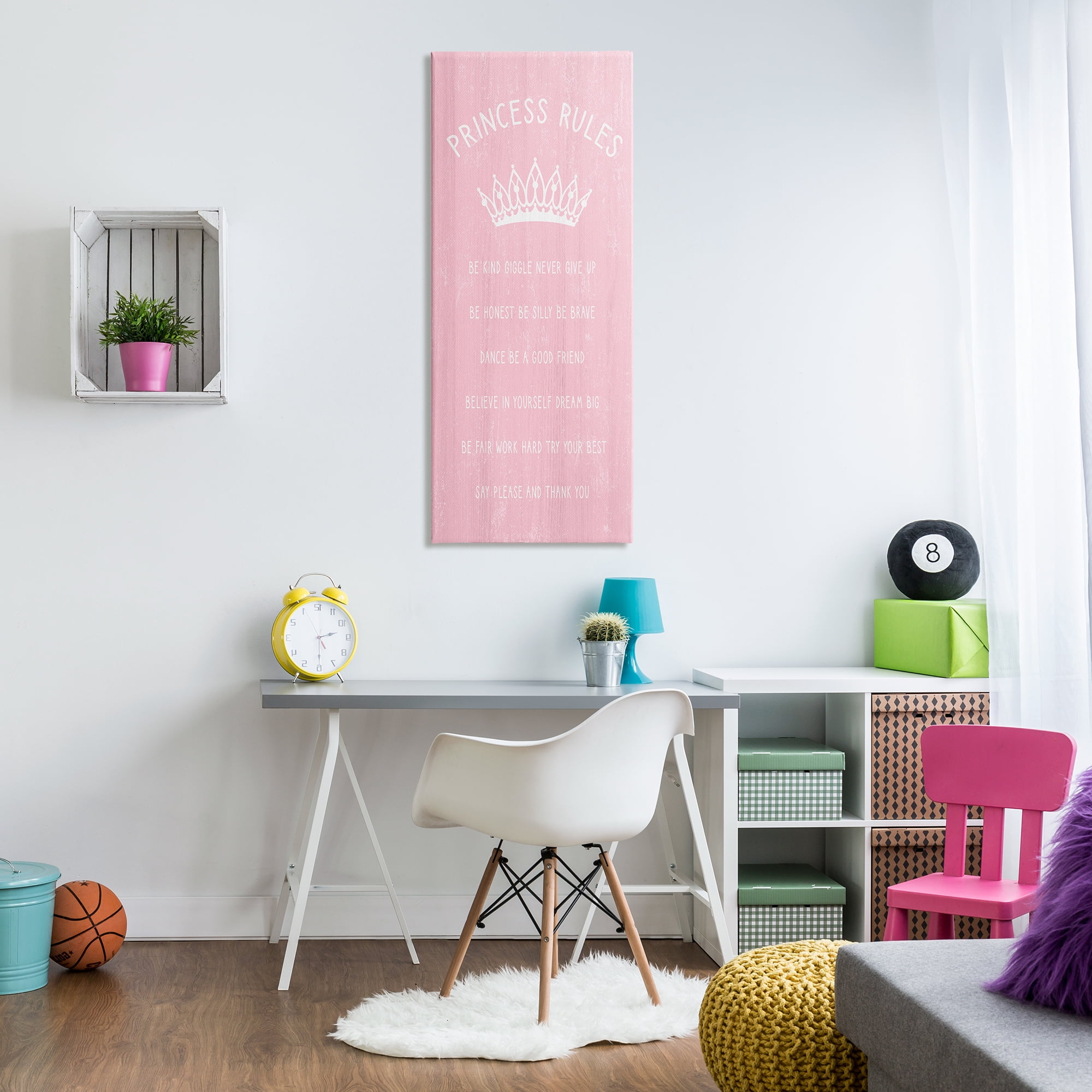 Stupell Industries Pink Princess Rules Sign Kids Motivational Phrases Listed Inspirational Painting Gallery Wrapped Canvas Print Wall Art, 20 x 48
