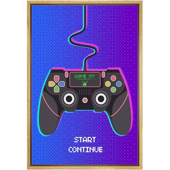 IDEA4WALL Framed Canvas Art Wall Decor Classic Video Game Handheld Controller in Neon Pink and Blue Pop Culture Media Digital Art Pop Art Comic for Dorm Home Office - 16"x24"