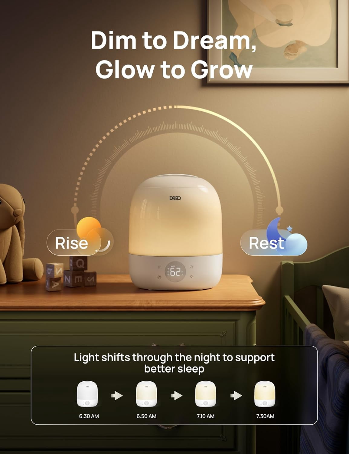 DREO Smart Humidifiers for Bedroom Baby HM409S, 1500+ RGB Night Light & Sleep Routine Trainer, Ultra Quiet 28dB & 3L Top Fill Cool Mist Humidifier for Nursery, Air humidifier for Plants Indoor