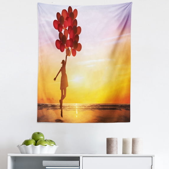 Dreamer Tapestry, Panoramic Romantic Sunset Photo with Jumping Women Holding Balloons Ombre Sky, Fabric Wall Hanging Decor for Bedroom Living Room Dorm, 5 Sizes, Multicolor, by Ambesonne