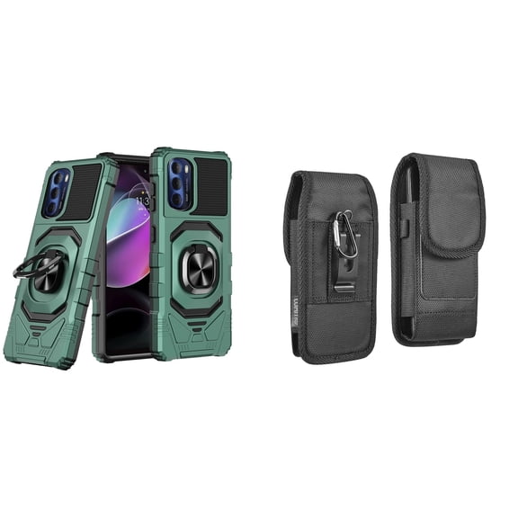 Case with Belt Holster Bundle for Moto G Stylus 5G 2022: Heavy Duty Shield Cover (Midnight Green) and Vertical Rugged Nylon Phone Pouch