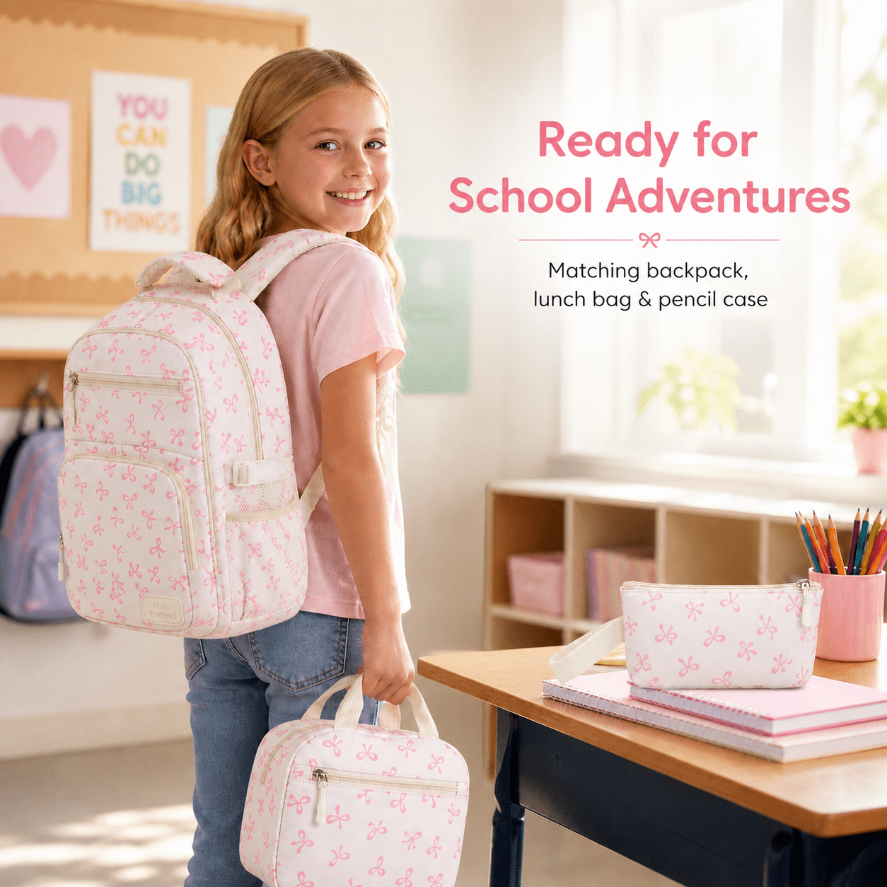 Soda Candy Girls Backpack Set 3pcs Coquette Bow School Bookbag for Kids Cute Kawaii Printed Book Bag with Lunch Bag Pencil Pouch