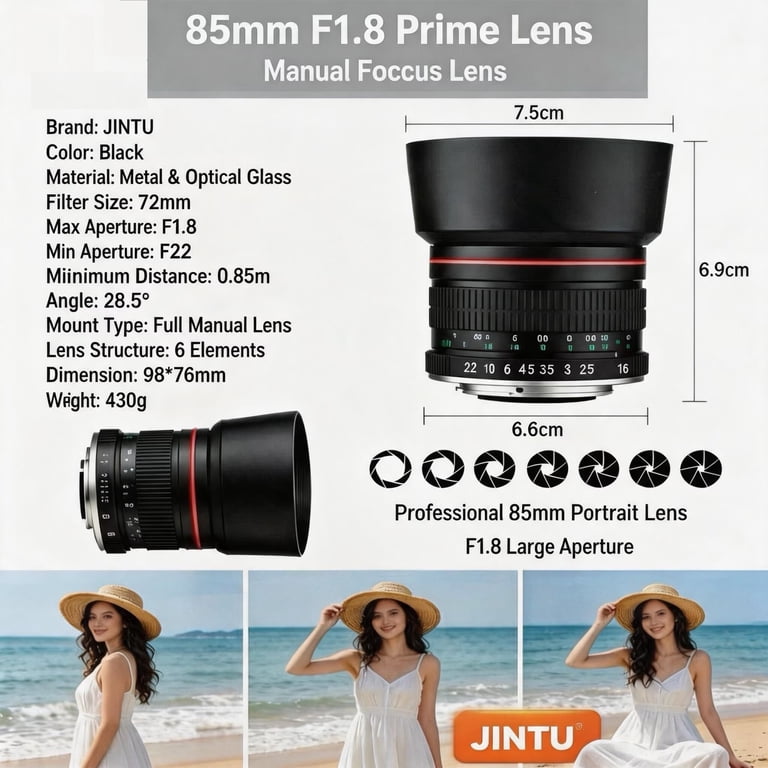 JINTU, EF Lens for Canon, 85mm f1.8, Manual Portrait Telephoto