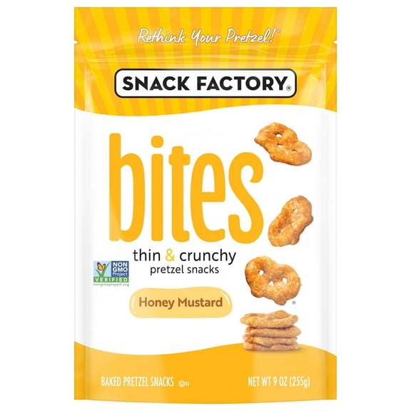 Pack of 2 Snack Factory Bites Baked Pretzel Snacks - Honey Mustard, 9 oz (Package May Vary)