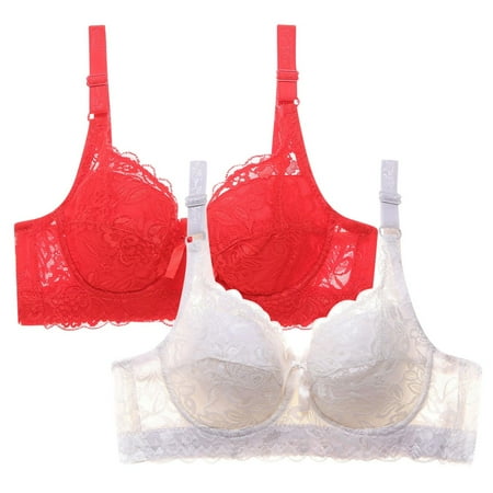WREESH Womens Lace Bralette Push Up Soft Padded Bras Wireless Plunge Bra Adjustable Strap Comfortable Everyday Bras 2 Pack Red