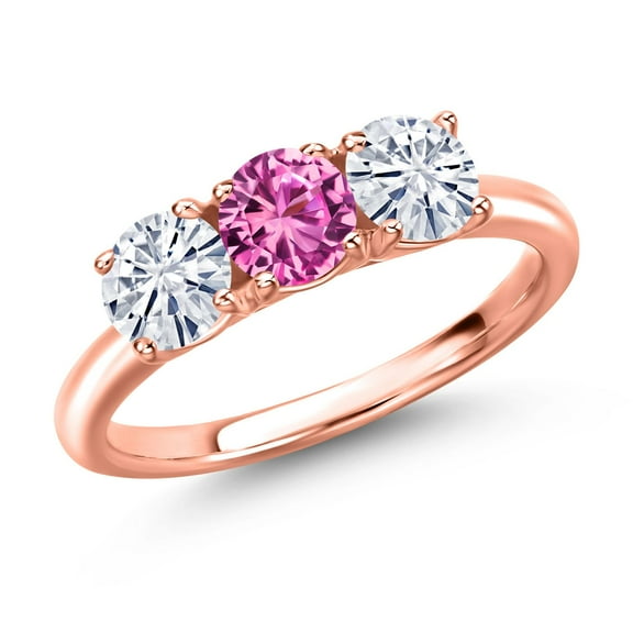 Gem Stone King 18K Rose Gold Plated Silver Pink Created Sapphire and White Moissanite Engagement Ring for Women | 1.55 Cttw | Round 5MM | Gemstone September Birthstone | Size 6