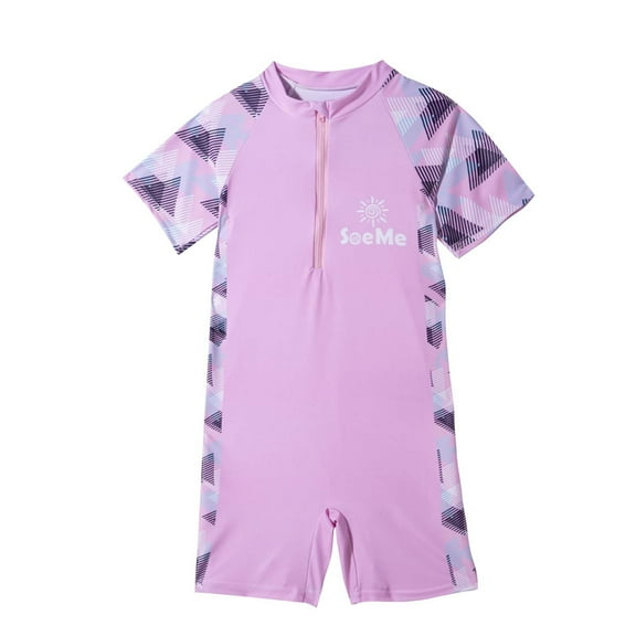 Xfvqtps Kids Child Boys and Girls Rash Guard One Piece Swimsuit Front Zipper Short Sleeve Sun Protection Print Beach Water Sport Summer Bathing Suits Swimwear 3-14 Years Pink