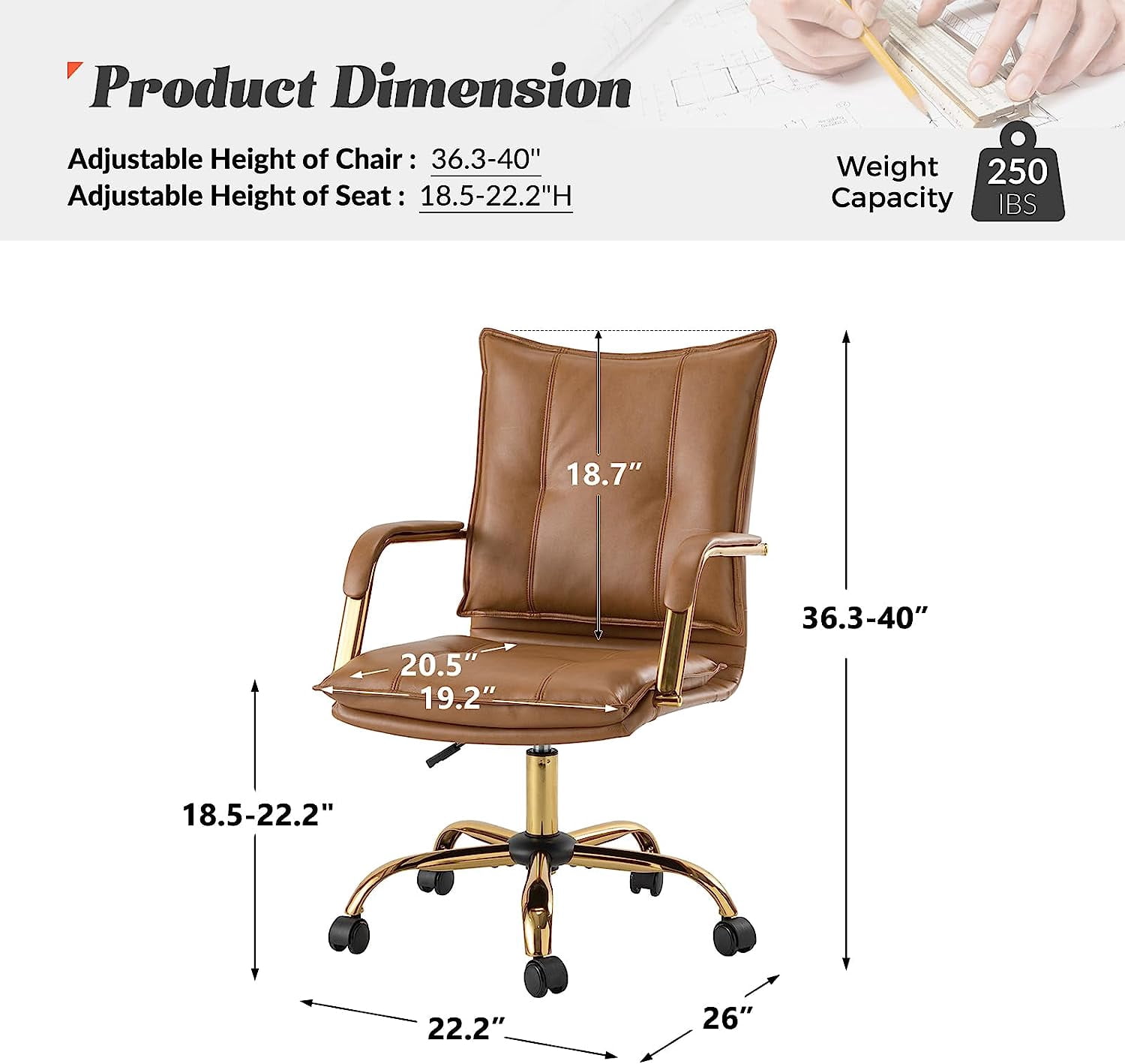 Tina's Home Luxury Faux Leather Office Chair with Golden Accents, Adjustable Swivel Ergonomic Desk Chair for Executive Comfort and Style Camel