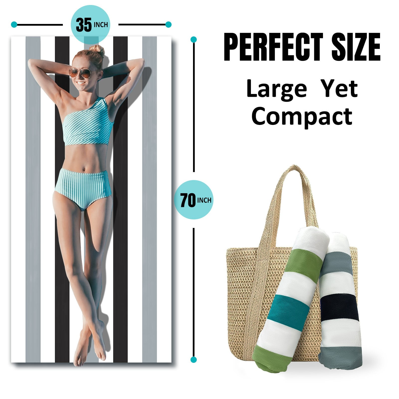 Large Oversized Beach Towel - Big Cotton 35 x 70 Inch Striped Pool Towel, Large Cabana Soft Swimming Towel for Adult Men Women,Chiffon (Grey)