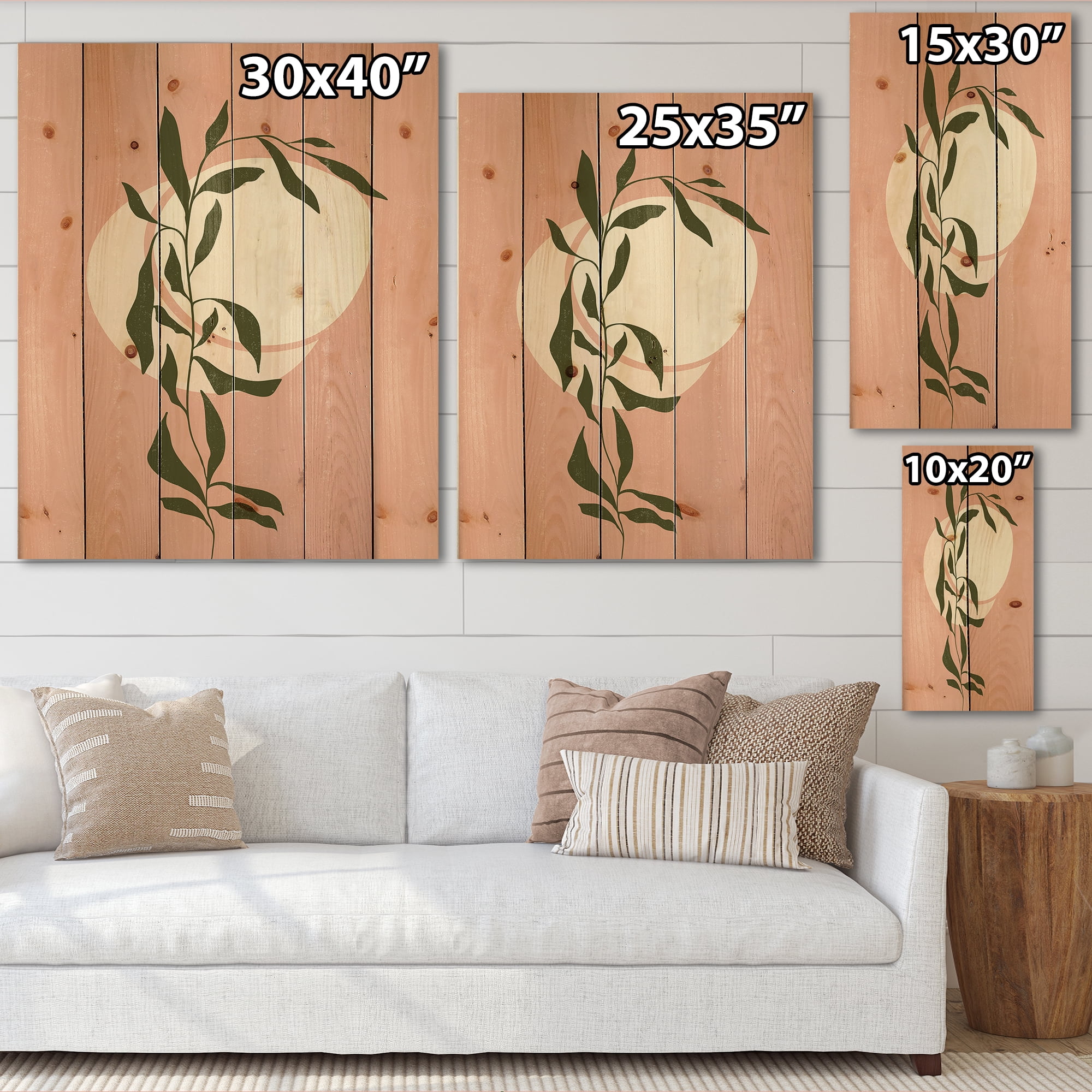 Designart 'Abstract Geometrical Moon and Sun With Leaf VI' Modern Print on Natural Pine Wood
