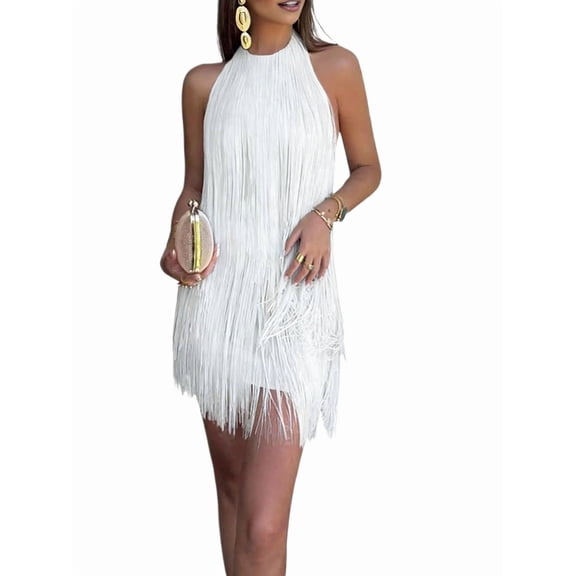 Women's Dresses Flapper All over Fringe Mini Dress White S