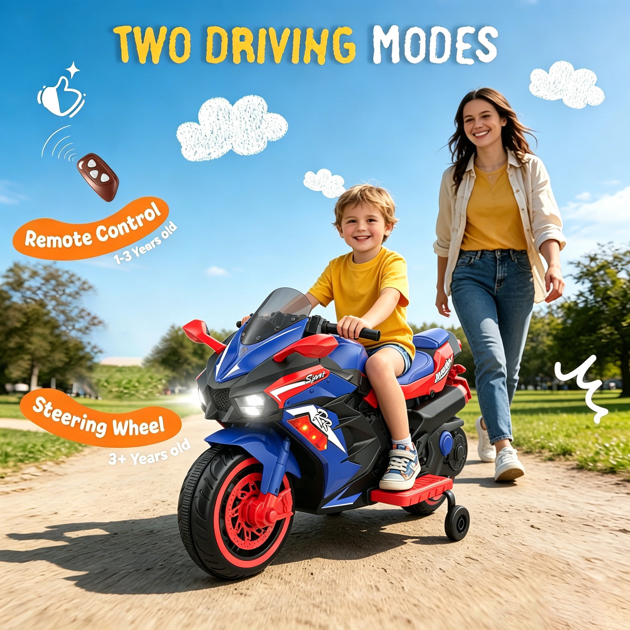 HNH 12V Ride on Motorcycle, Kids Motorcycle with Remote Control, Music, Bluetooth, Lights，Electric Motorcycle for Boys Girls