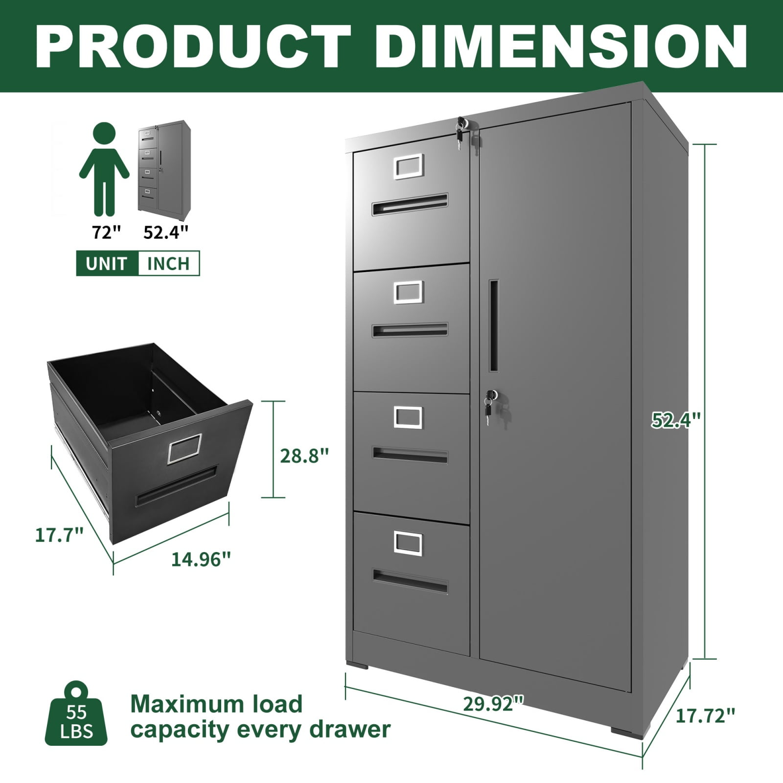 Metal Storage Vertical Filing Cabinet with Lock, Steel File Locker with 4 Drawers and 1 door for School, Living Room, Bedroom, Office