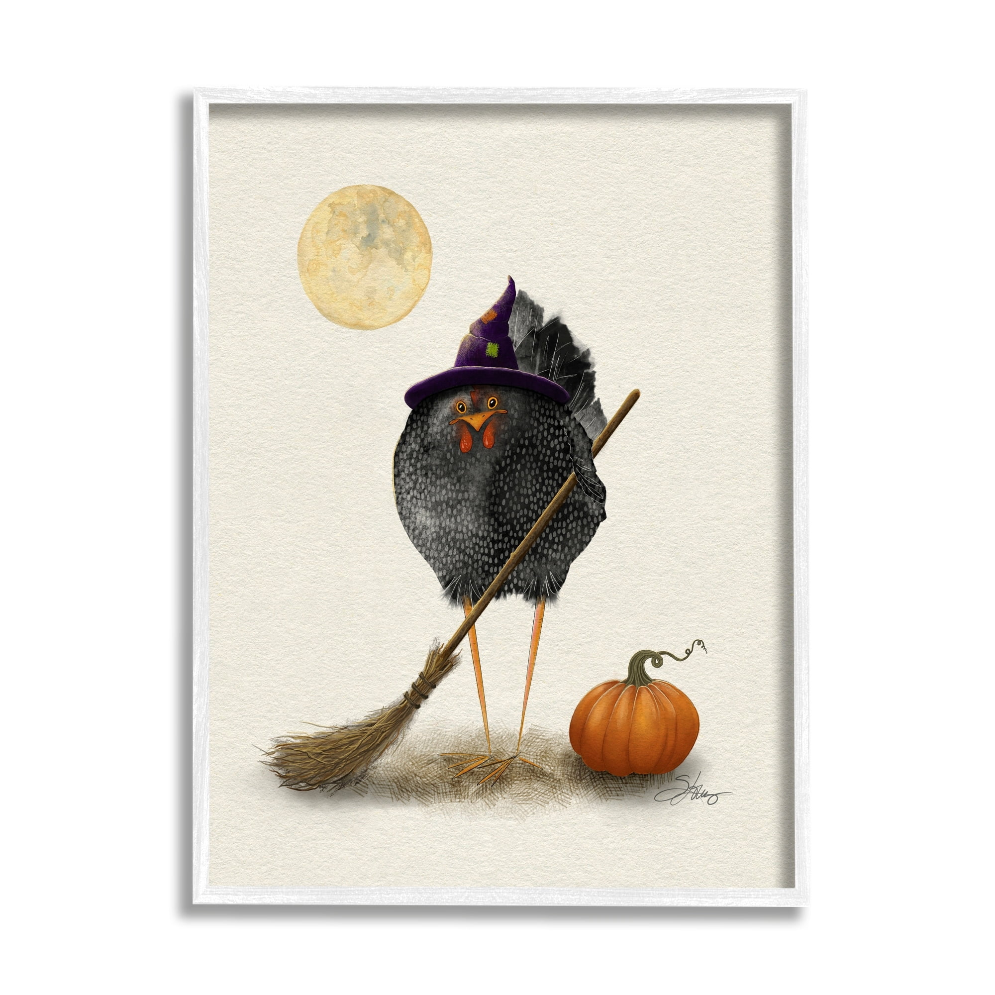 Stupell Industries Halloween Black Bird Witch Holiday Painting White Framed Art Print Wall Art