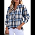 thumbnail image 2 of Camisas A Cuadros con Cuello en V para Mujer, Elegantes, Informales, con Botones, Estilo Bohemio, para el Trabajo, de Larga, para Otoño. Azul L, 2 of 10