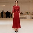 thumbnail image 4 of Round Neck Lace Dress Evening Dress Skirt Solid Color Dress For Women Fashion Half Sleeve Long Dress For Women Red S, 4 of 6