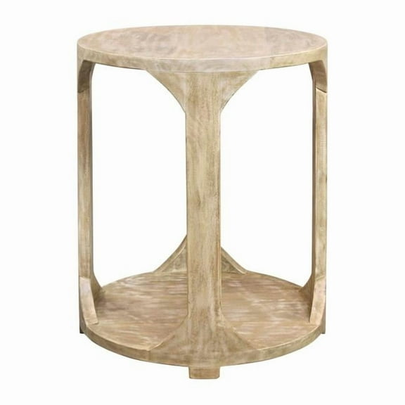 Jenna Round End Table with Shelves in Coastal Natural Solid Wood
