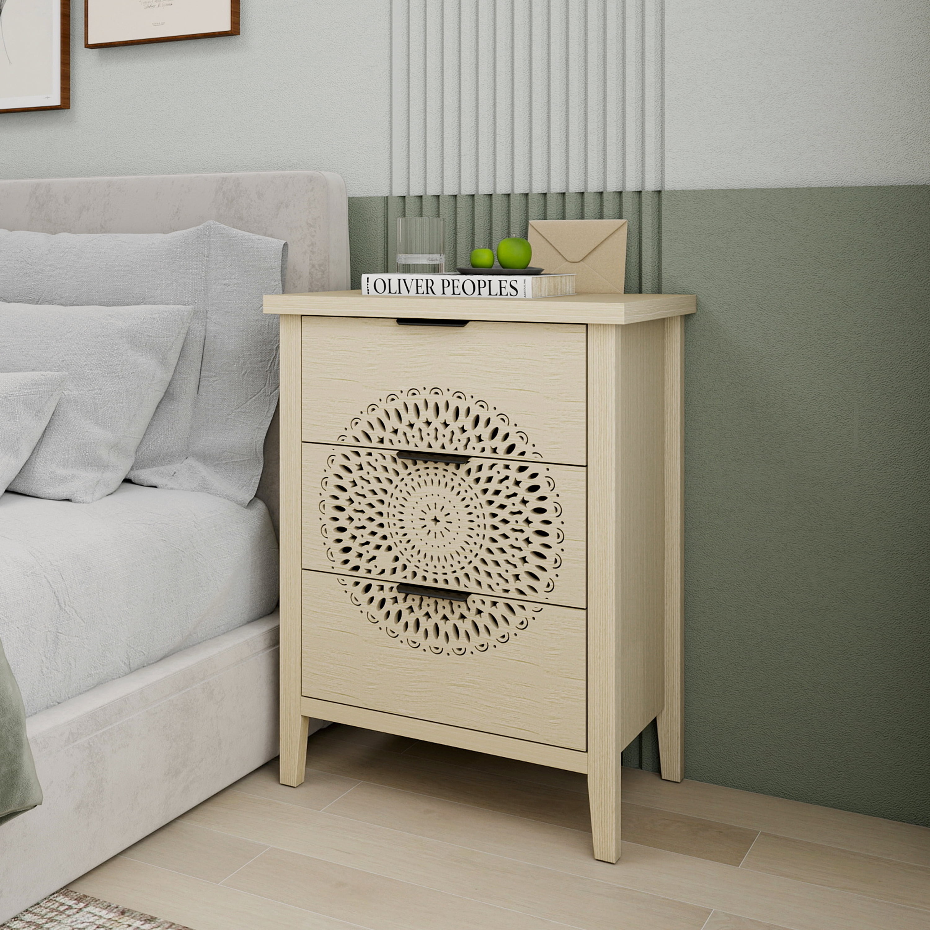 Gewnee Hollow-Carved 3-Drawer Storage Dresser Chest with Metal Handles, Modern Accent Furniture for Living Room & Bedroom