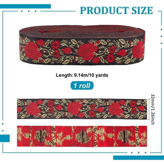 1set 9.8~10 Yards National style Polyester Jacquard Flower Ribbon for Garment Accessories Red 1-1/4 inch(32mm)