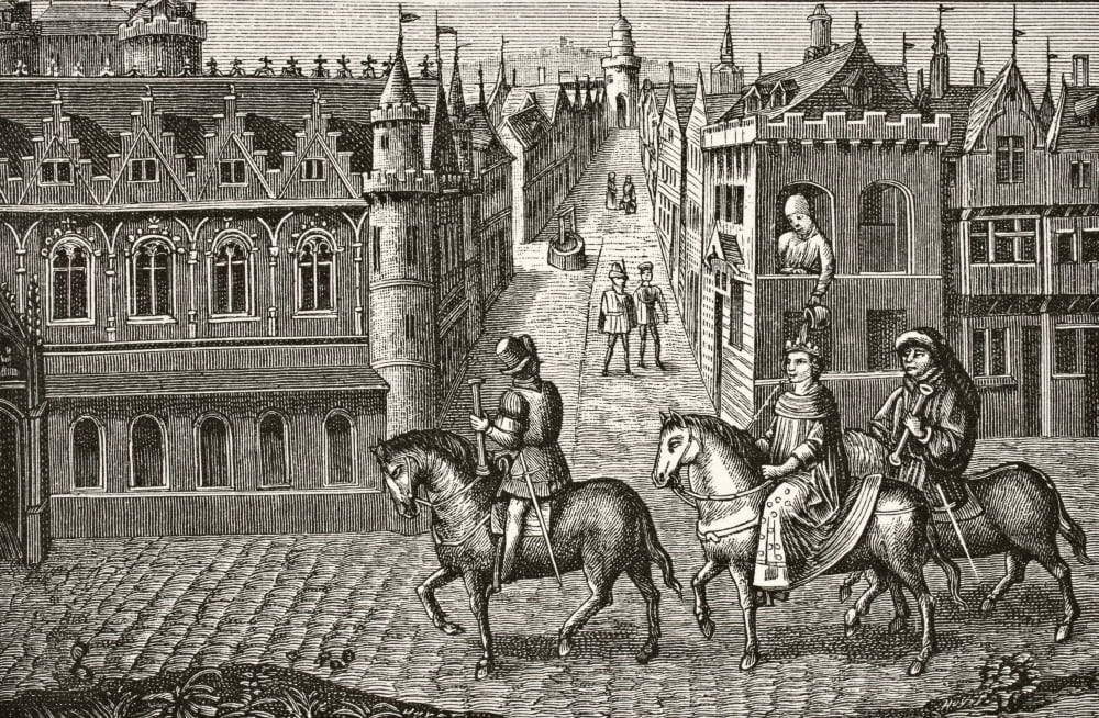 Louis Ix King Of France 1214 To 1270 Has Pot Of Urine Poured On Him By A Student As He Rides To Church In Paris After 15Th Century Miniature From Science And Literature In The Middle Ages By Paul Lacr