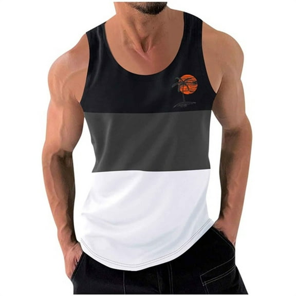ZCFZJW Men's Tropical Palm Tree Print Workout Sleeveless Striped Color Block Shirts Quick Dry Swim Beach Muscle Gym Running Athletic Tank Top Black XXL