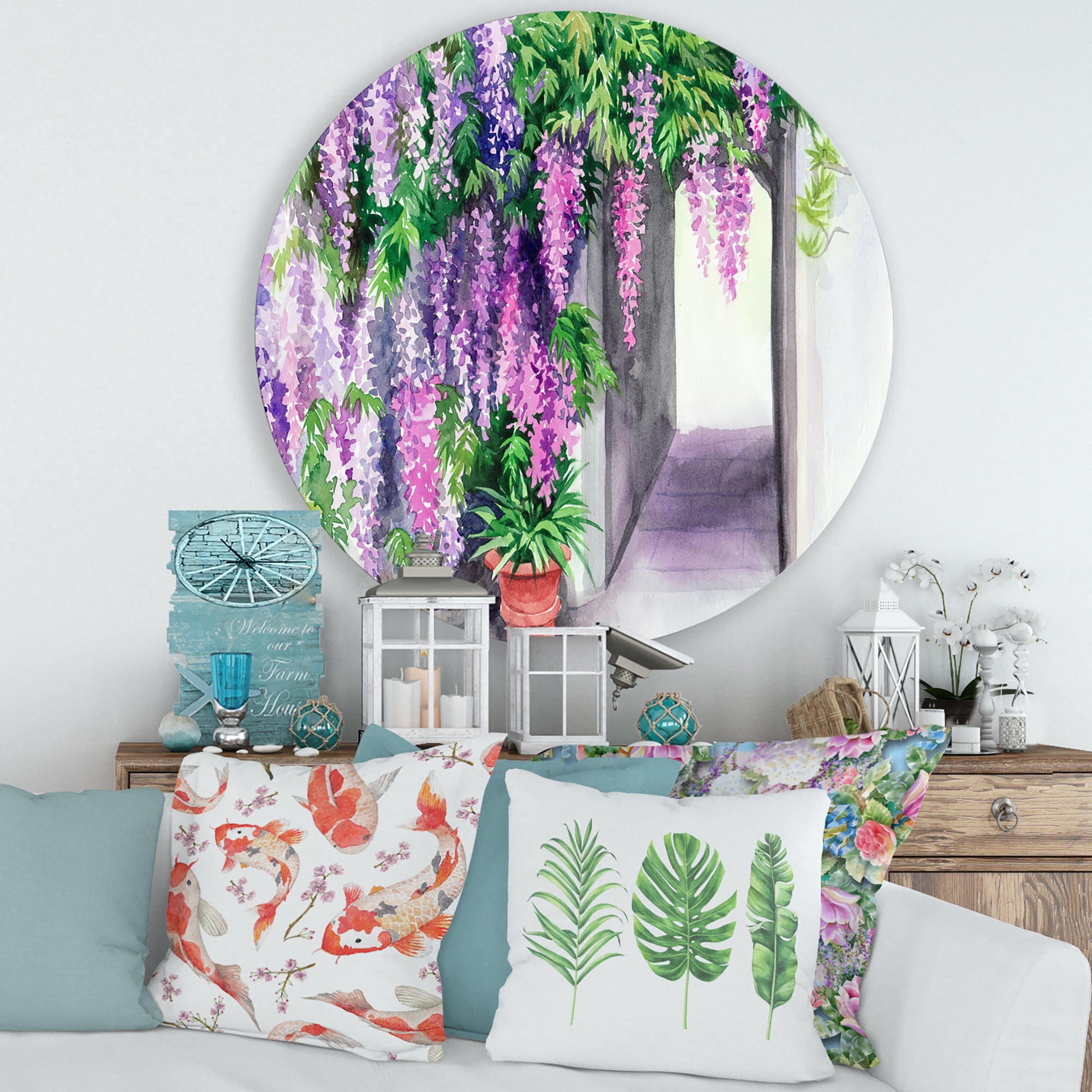 Designart 'Purple Wisteria Blossom' Traditional Circle Metal Wall Art 36x36 - Disc of 36