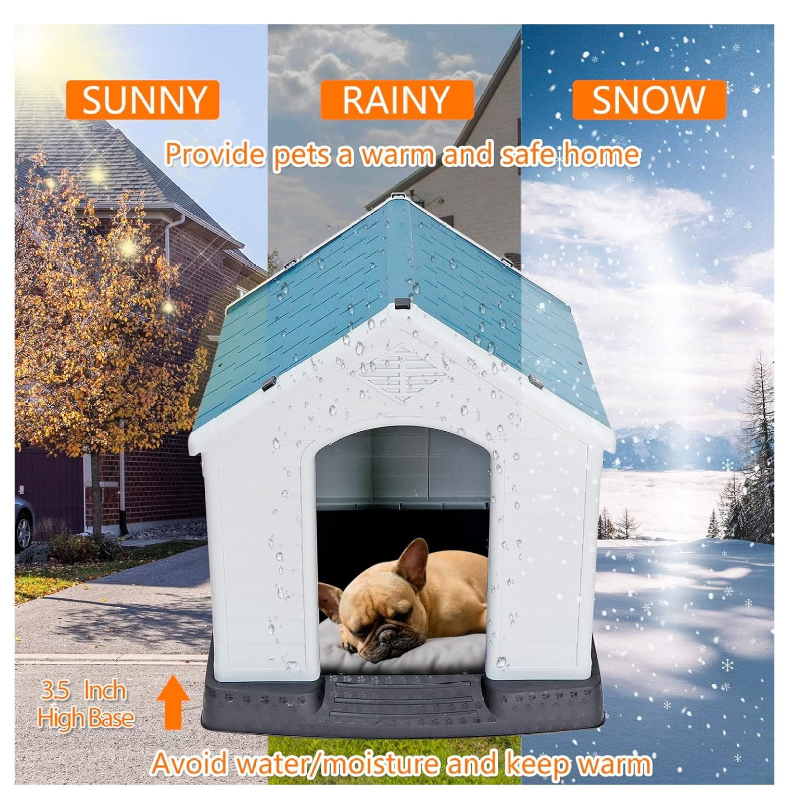 32" H Large Plastic Dog House Indoor Outdoor,Weather & Water Resistant Ventilate Pet Kennel for Small Medium Large Sized Dogs Cats,Puppy Shelter with & Elevated Floor(Blue)