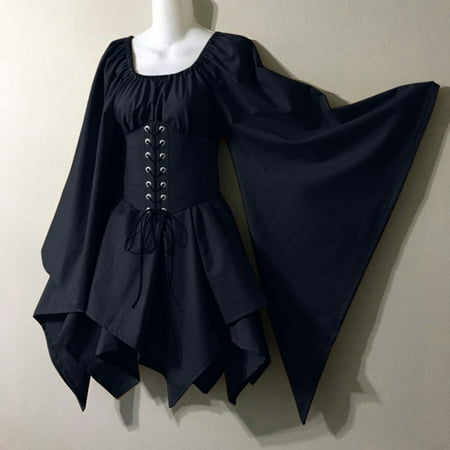 Dwaogom Women Costumes Gothic Retro Long Sleeve Corset Dresses Long Sleeve Round-Neck Knee-High Dress Plus Size Dress Retro Rockabilly Princess Cosplay Dress Long/Short Slip Dresses