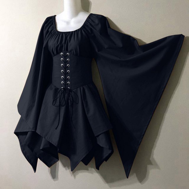 TopLLC Robe à Manches Longues Col Rond Hauteur Genou Costumes Gothiques Rétro Robe Corset à Manches Longues Robe à Manches Longues Col Rond Hauteur Genou Robe pour Femmes
