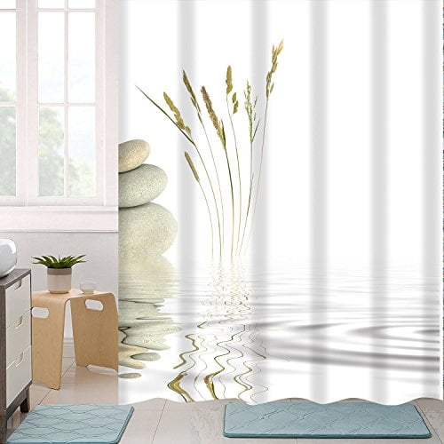 BLEUM CADE Shower Curtain Zen Stone Wild Grass Reflection in Water Shower Curtains 12 Hooks Meditation Design Waterproof Fabric Bathroom Shower Curtain BLEUM CADE Shower Curtain Zen Stone Wild Grass Reflection in Water Shower Curtains 12 Hooks Meditation Design Waterproof Fabric Bathroom Shower Curtain