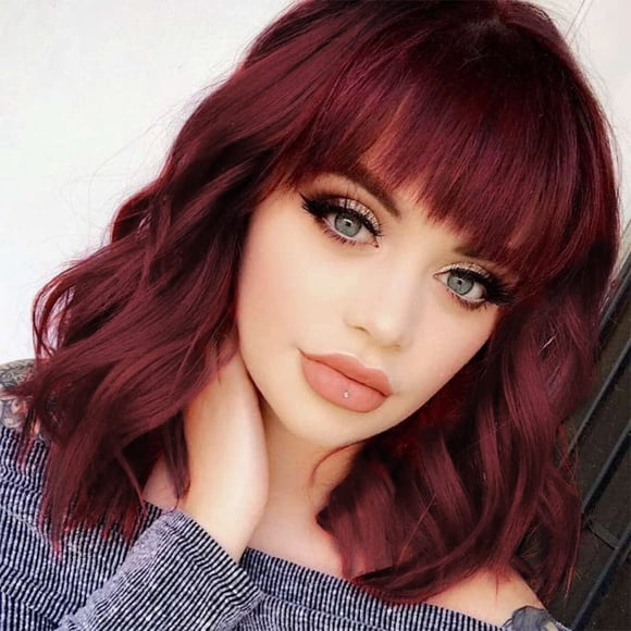 EcoNesxp Wavy curly hair with bangs short wine red wig suitable for daily party use wine red wig 99J