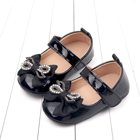 ZHOGXU Baby Kids Girls Sneakers Non Flat Bottom Shiny Rhinestone Bow Design Hook Loop Comfortable Fashion Elegant Shoes For Casual Daily Wear,Black,0-6 Months
