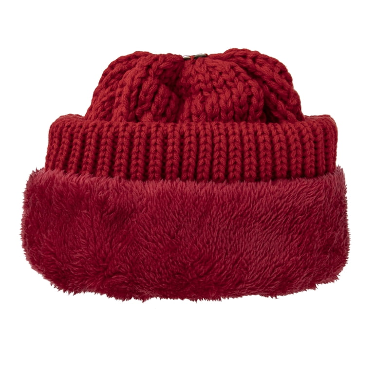 Toptie Womens Winter Fleece Lined Cable Knit Hat Faux Fur Pom Pom