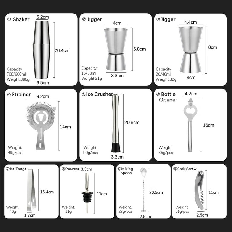 Aloono 14-Piece Rainbow Cocktail Shaker Bar Set with Stand: Weighted Boston Cocktail  Shakers, Strainers, Double Jigger, Muddler & Spoon, Ice Tong & 2 Liquor  Pourers- Essential Mixology Bartender Kit 