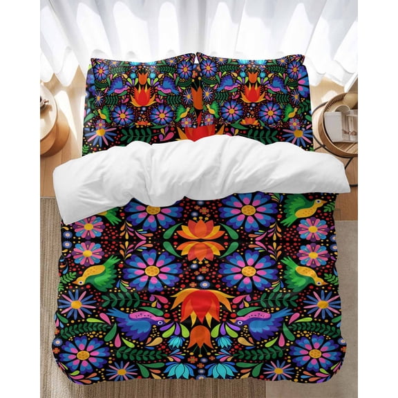 Colorful Mexican Floral Bedding Duvet Cover Set Full Size 4 Pieces Bird Rustic Assorted Flower Bedding Set with Zipper Closure, 1 Comforter Cover 86x86 Inches 1 Flat Sheet & 2 Pillow Cases