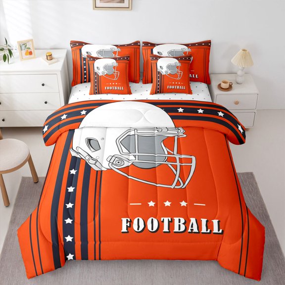 7Pcs American Football City Comforter Sets Twin Size Football Helmet Comforter Set with Sheets Rugby Game Comforter Bed in a Bag, Orange Black and White Stars and Stripes Quilt(Chicago)
