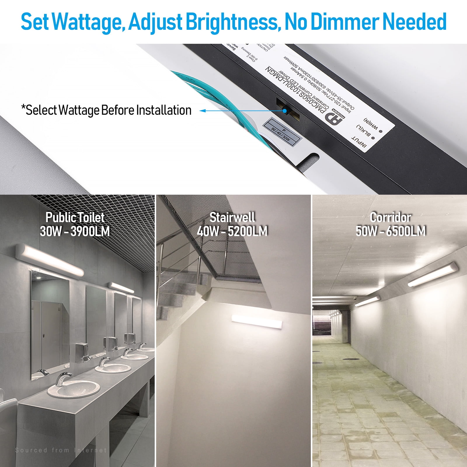 4FT 3CCT LED Stairwell Strip Light, 30W/40W/50W Adjustable, 120V-277V, 0-10V Dimmable, Surface Mount Commercial Corridor Light