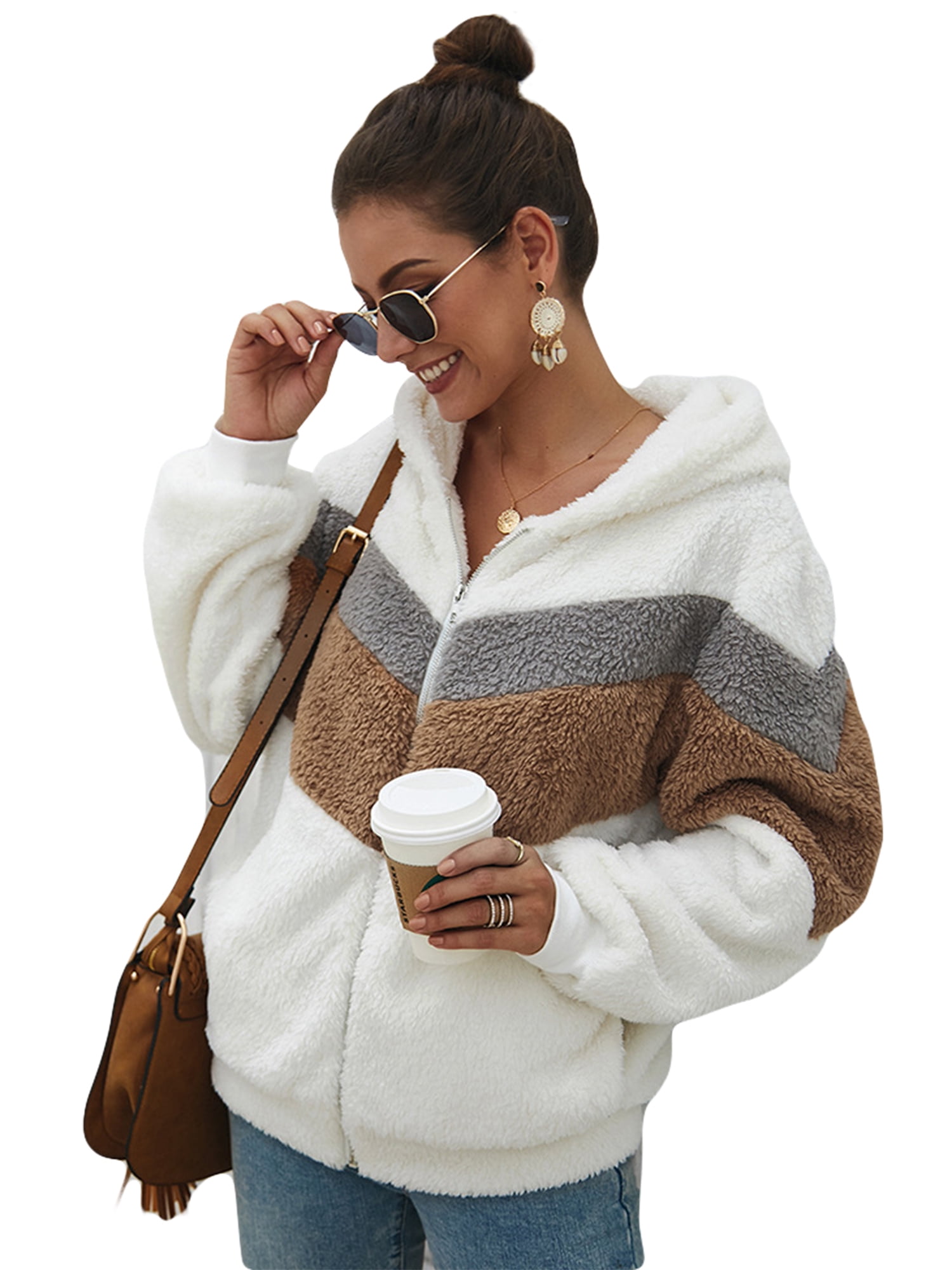 UKAP Long Sleeve Fleece Teddy Bear Coat for Women Color Block Fuzzy
