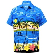 HAPPY BAY Men's Pool Palm Tree Fashion Short Sleeve Hawaiian Shirt L Blue_W387