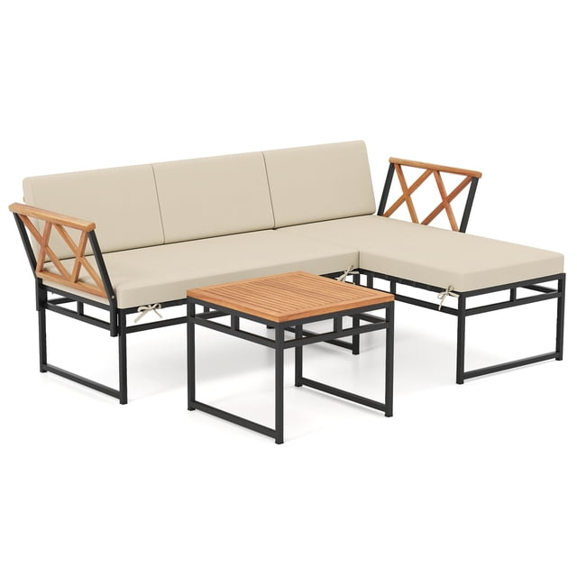Gymax Set Of 3 L-Shaped Patio Furniture Set w/Loveseat Square Coffee Table Soft Back