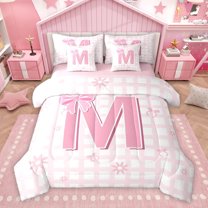 Manfei Girly Pink M Bedding Comforter Set 7pcs for Kids, Kawaii Initial Letter Queen Bedding Sets, Cartoon Buffalo Plaid Reversible Queen Sheet Sets, Ultra Soft Bedroom Decor