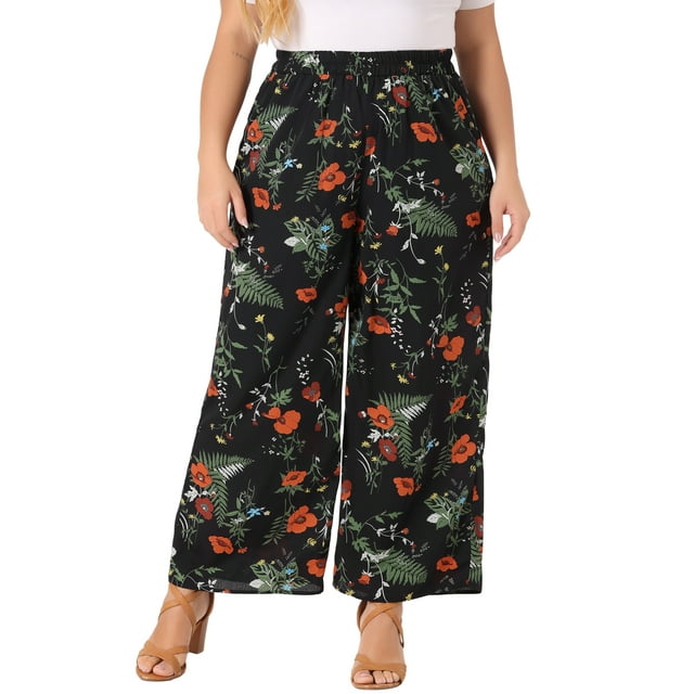 Pantalones Palazzo de Pierna Ancha Floral de Talle Alto para Mujer Plus Size GRACE & GRANDEUR 1X Negro Primavera Verano