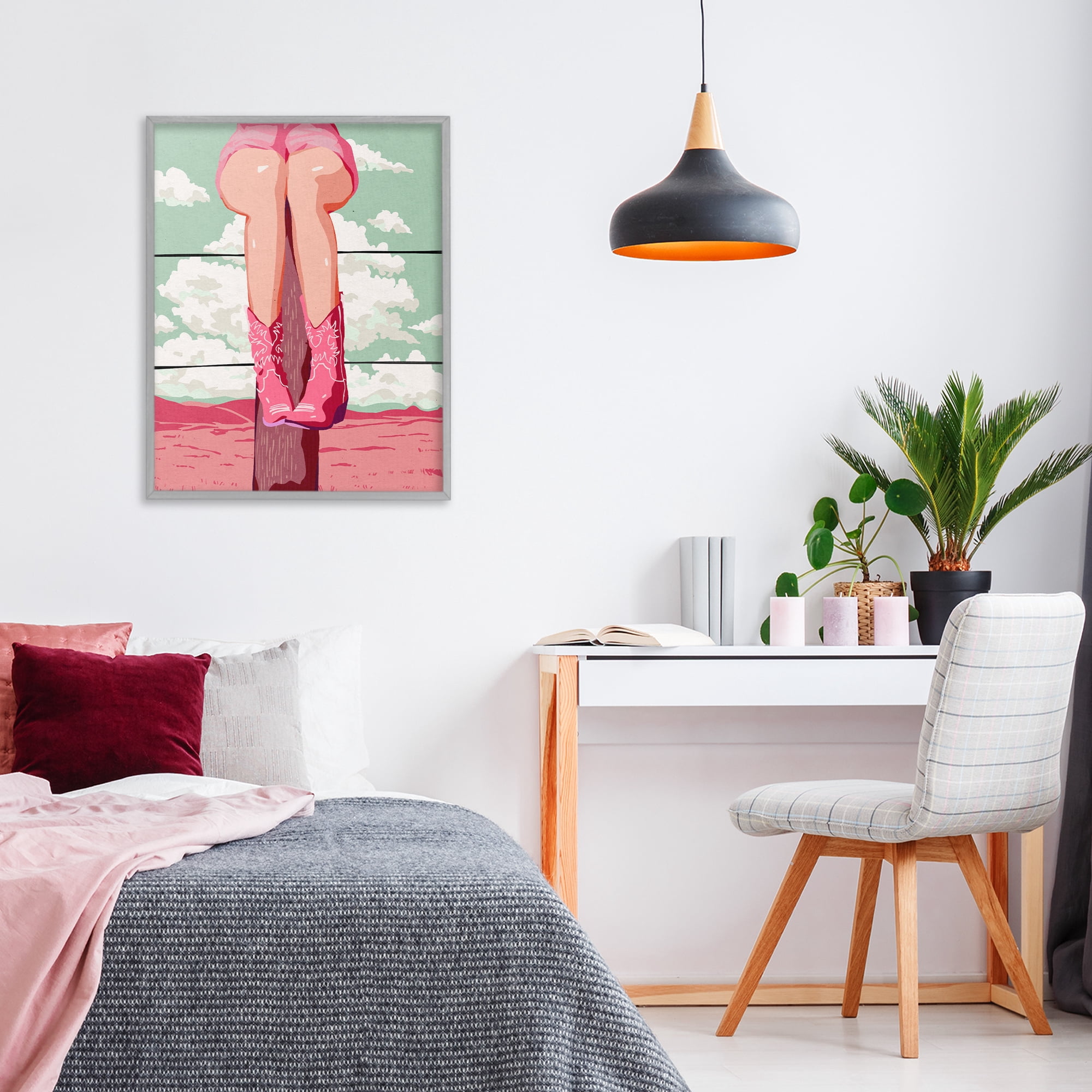 Stupell Industries Cowgirl on Fence Post Gray Framed Giclee Art, design by Ziwei Li