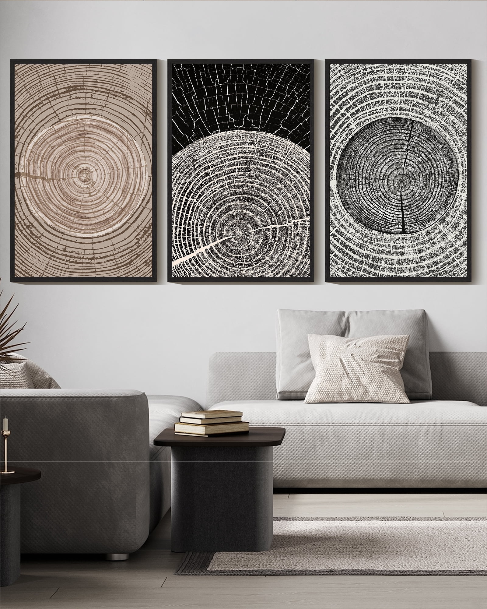 SHENIFY Vintage Wood Tree Rings Wall Art 16x24in3pcs Black Framed Farmhouse Rustic Canvas Paintings Living Room Bedroom Decor Nature Artwork