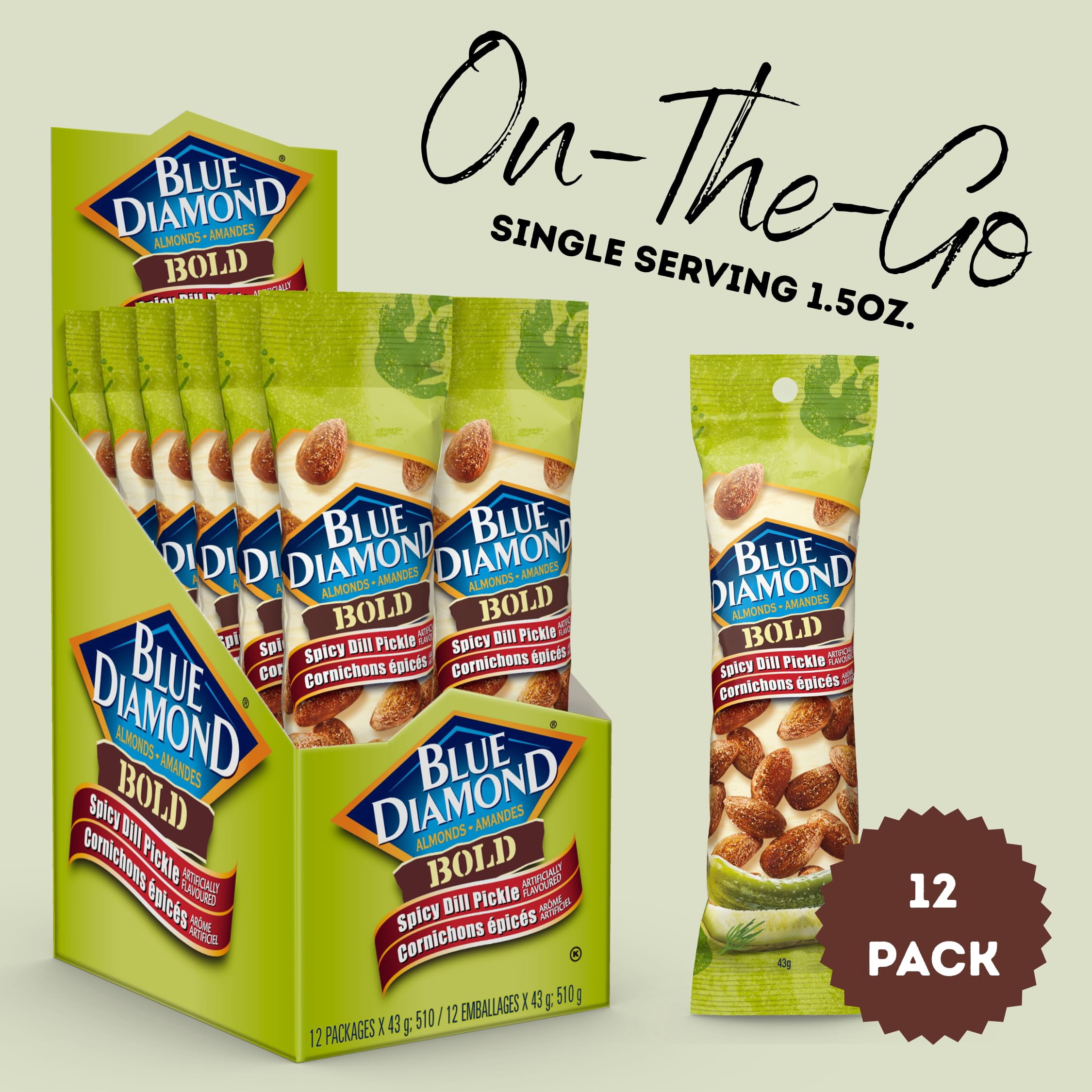 Blue Diamond Almonds, Bold Spicy Dill Pickle, 1.5 oz tubes Pack of 12-8626922693