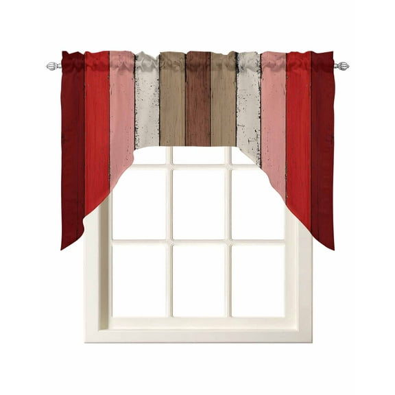 Red Pink Kitchen Swag Valances for Windows, Farmhouse Wood Grain Vintage Brown Striped Swag Valances Curtains for Living Room, Rod Pocket Window Treatments for Bathroom, Bedroom, Cafe, 56"x36"
